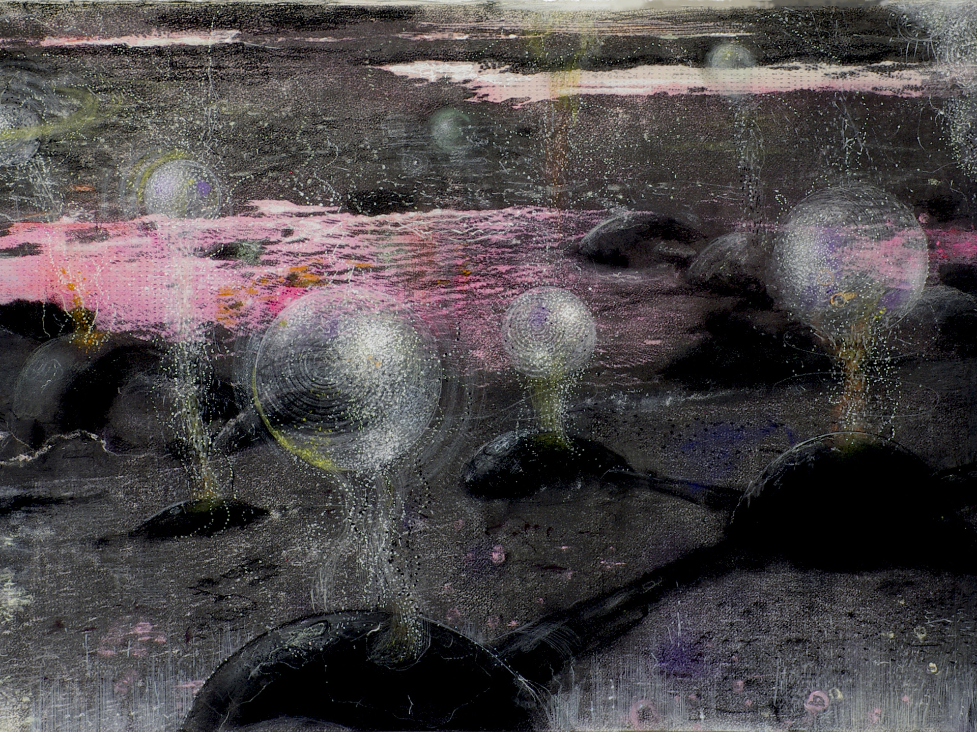 A surreal landscape featuring glowing spheres emerging from dark, rocky terrain. Pink and purple hues create an ethereal, otherworldly ambiance.