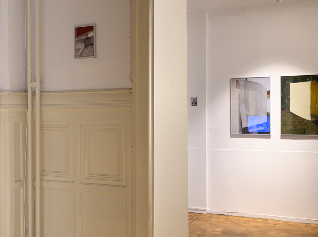 Serie of photography art hanged on white walls in a light room.