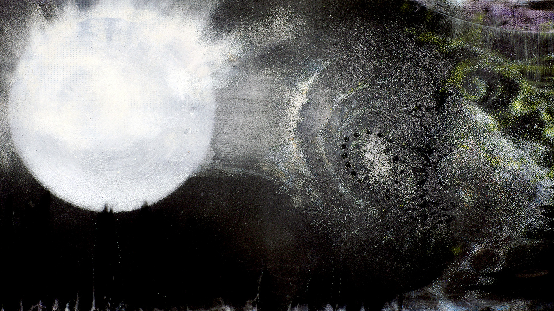 Paint composition with white rounded figures over black background.