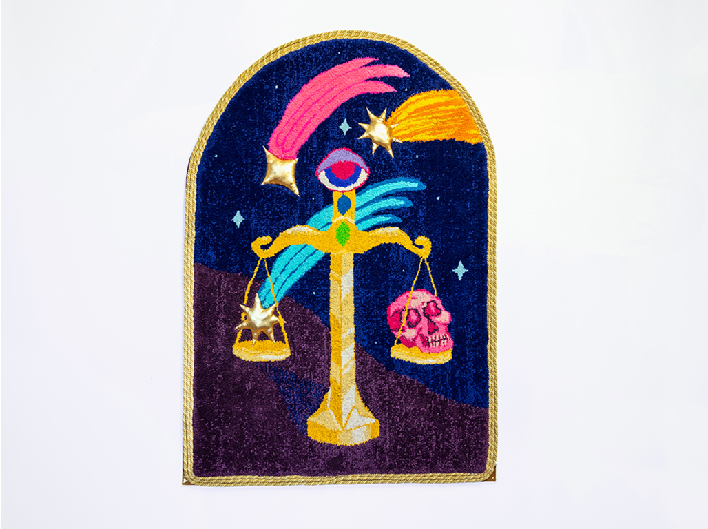 Dark blue textile design with details in gold, pink and bright blue on a white background.