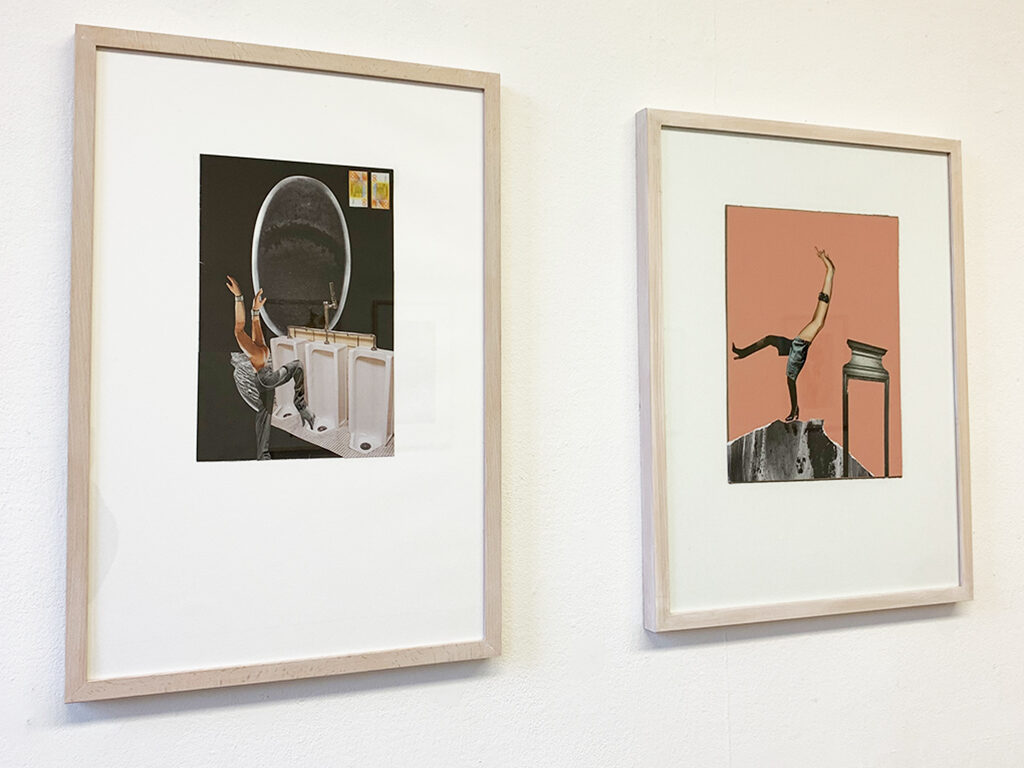 Two art frames hanging on a white wall.