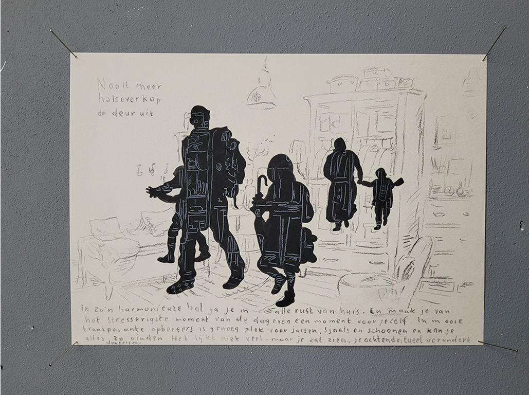 A black and white sketch composed with some human figures drawings and notes on a grey background.