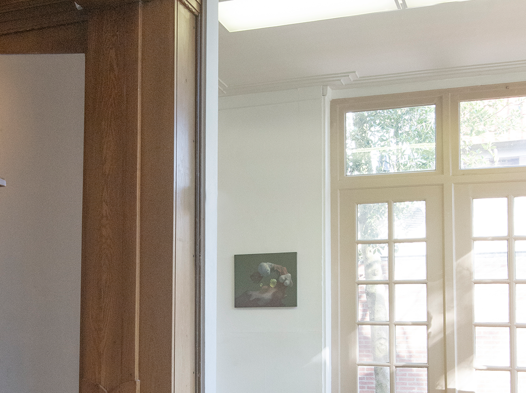 Oil paint composed by a creature interacting with yellow small objects hanging on a white wall next to a window.