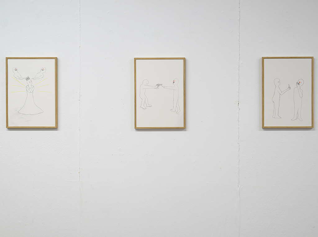Three frames with pencil illustrations hanging on a white wall