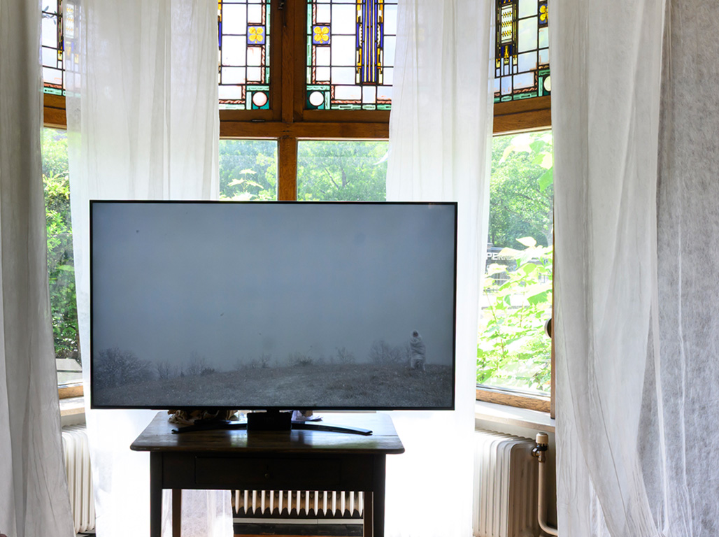 Screen in front of a window with white curtains.