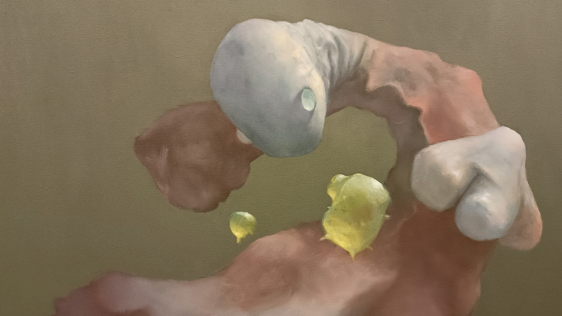 Oil paint composed by a creature interacting with yellow small objects.