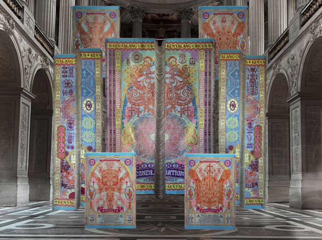 Textile composition hanged in a antique environment