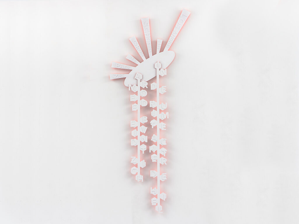 Two vertical, white and pink typographic wall sculptures mounted on a white wall. Each piece has a central spine that is connected by a top main piece.