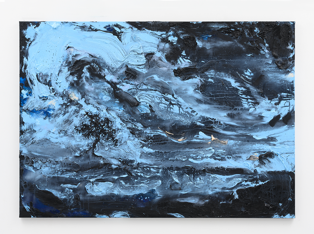 Image of an abstract painting in deep blues, black, and white, with layered, fluid brushstrokes evoking turbulent water or waves.