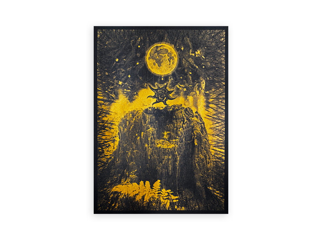 Image of a black and yellow artwork depicting a full moon, a tree stump, plants and a symbol in the middle.