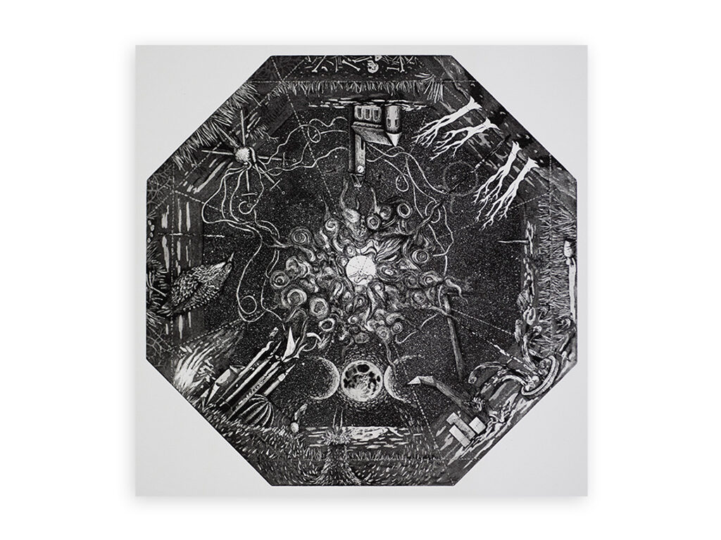 Image of a black and white artwork in octagon shape.