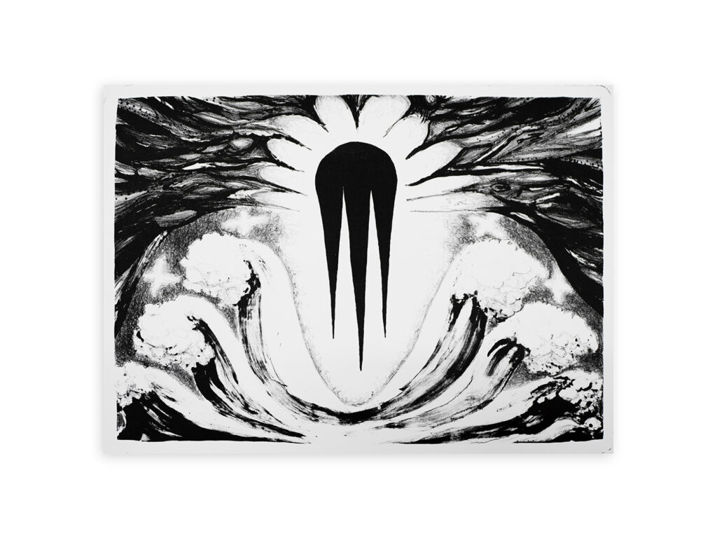 Image of a black and white painting with expressive brush strokes and contrasts.