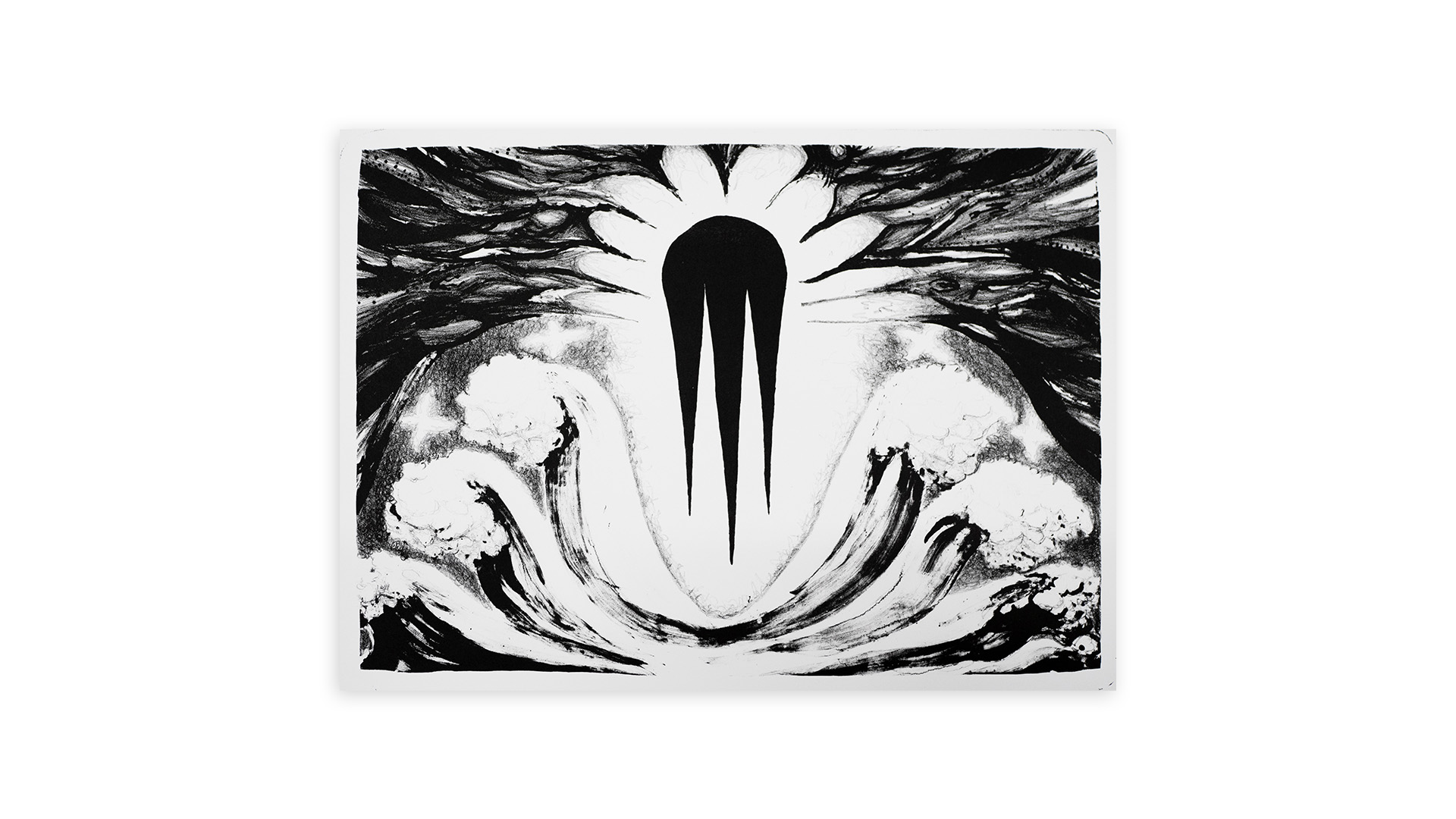 Image of a black and white painting with expressive brush strokes and contrasts.