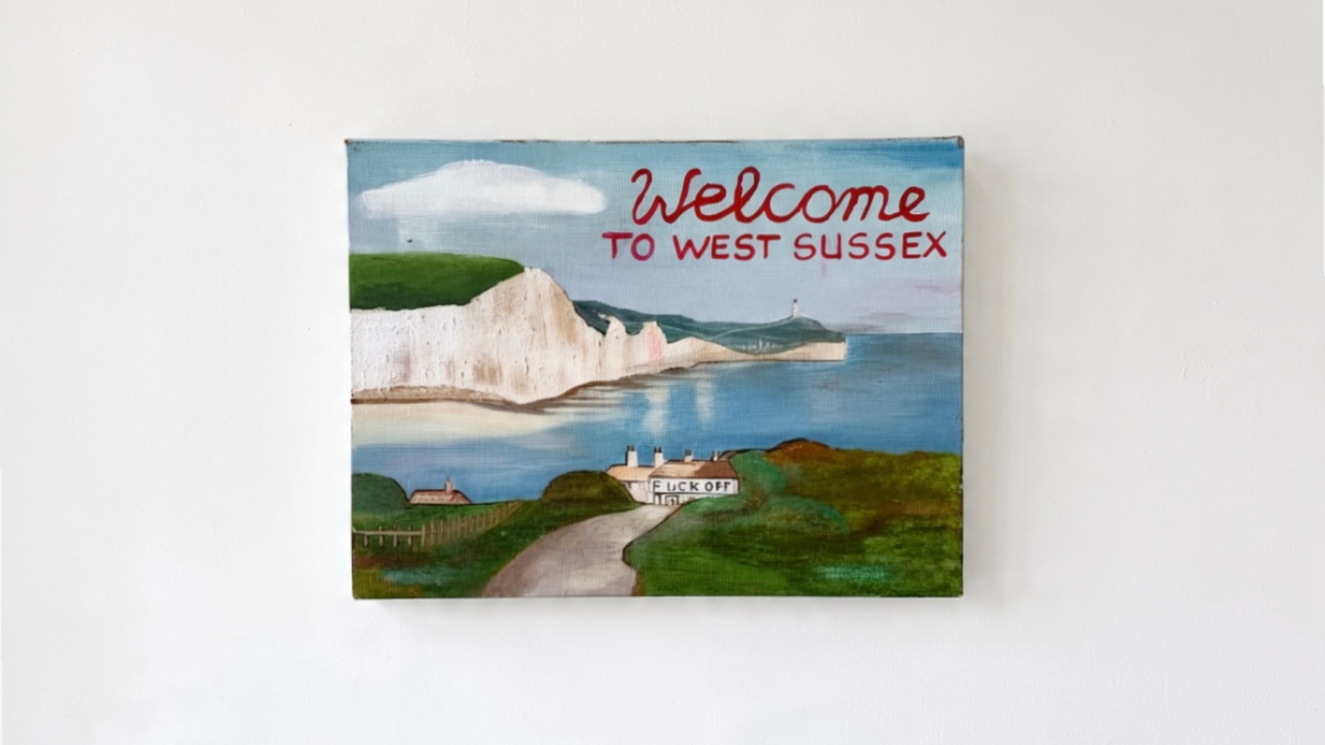 Gummbah, "Welcome to west sussex", 2024, acrylic on canvas, 30 x 40