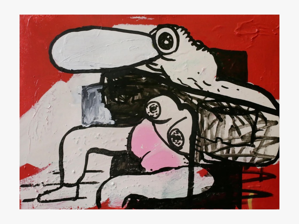 Gummbah, "knowledge is a fence", 2014, acryl en huisverf op doek, 50 x 70